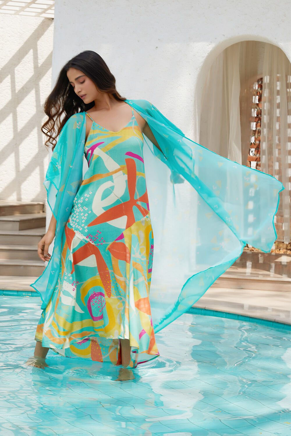 Teal Green Printed A-Line Dress with Shrug image number 2