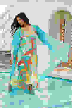 Teal Green Printed A-Line Dress with Shrug image number 2