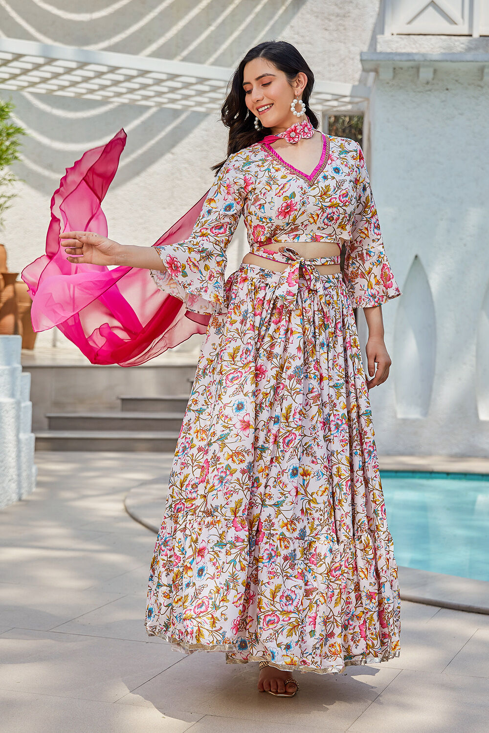 Off-White & Pink Floral Printed Flared Lehenga Set image number 0