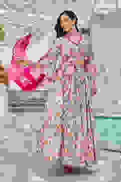 Off-White & Pink Floral Printed Flared Lehenga Set image number 0