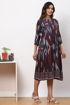Navy Maroon LIVA Flared Printed Kurta Dress image number 3