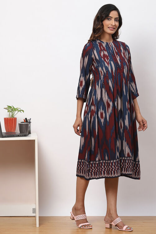 Navy Maroon LIVA Flared Printed Kurta Dress image number 3
