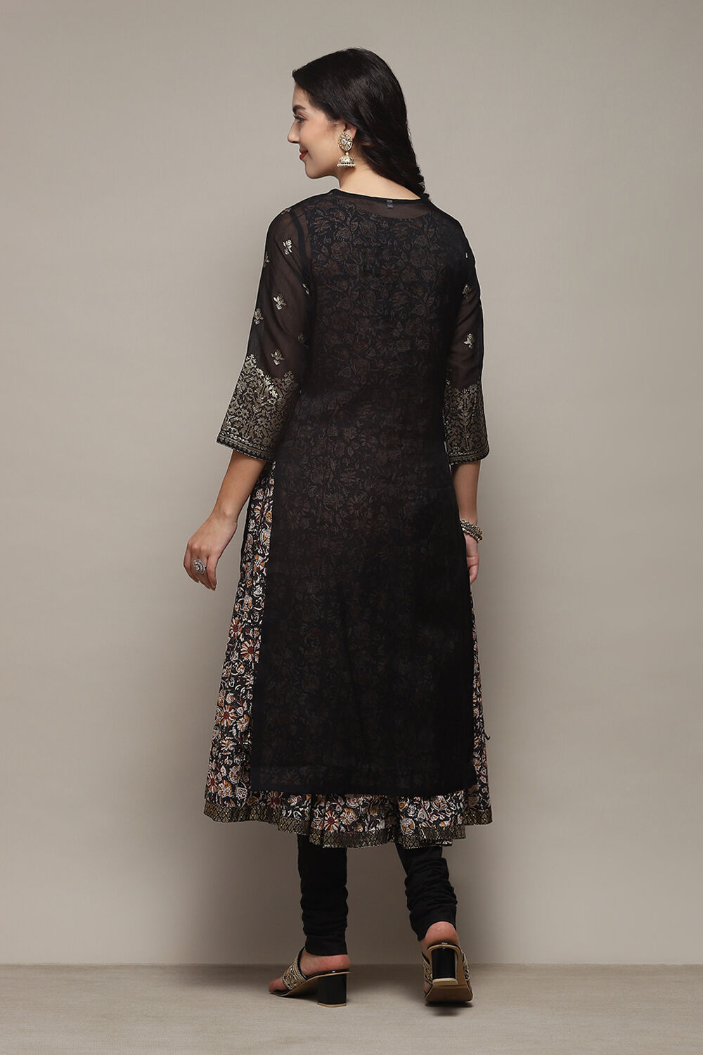 Off White Cotton Layered Printed Kurta Churidar Suit Set image number 5