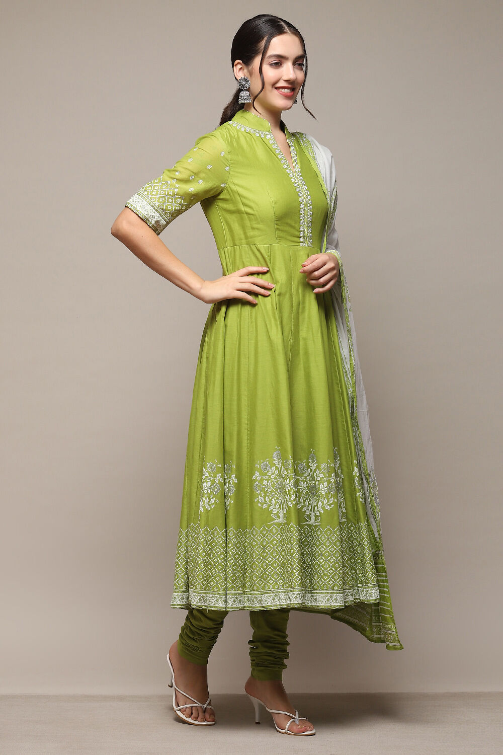 Green Cotton Anarkali Printed Kurta Churidar Suit Set image number 6