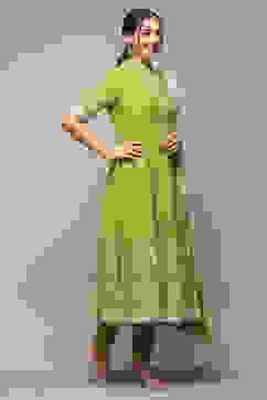 Green Cotton Anarkali Printed Kurta Churidar Suit Set image number 6