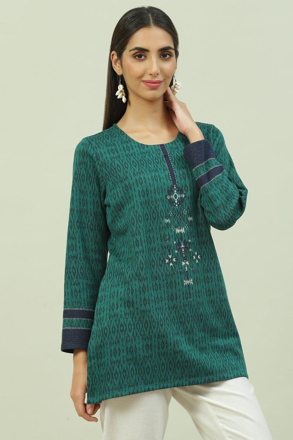Green Poly Metallic Straight Printed Kurti image number 3