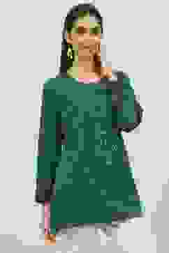 Green Poly Metallic Straight Printed Kurti image number 3