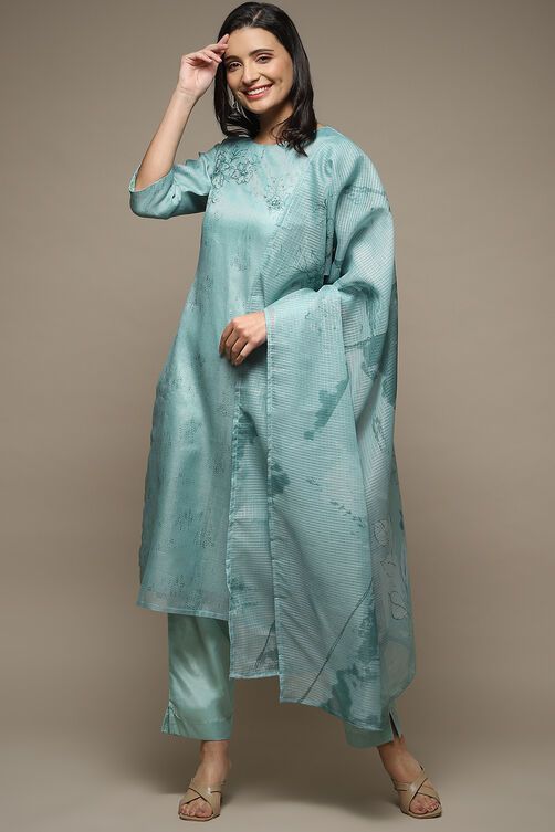 Green Cotton & Kota Digital Print Unstitched Suit Set image number 1