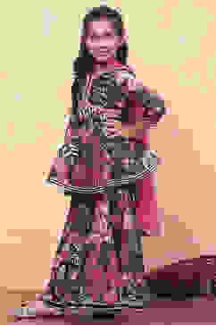 Blue Poly Chinnon Floral Printed Gathered Suit Set image number 3