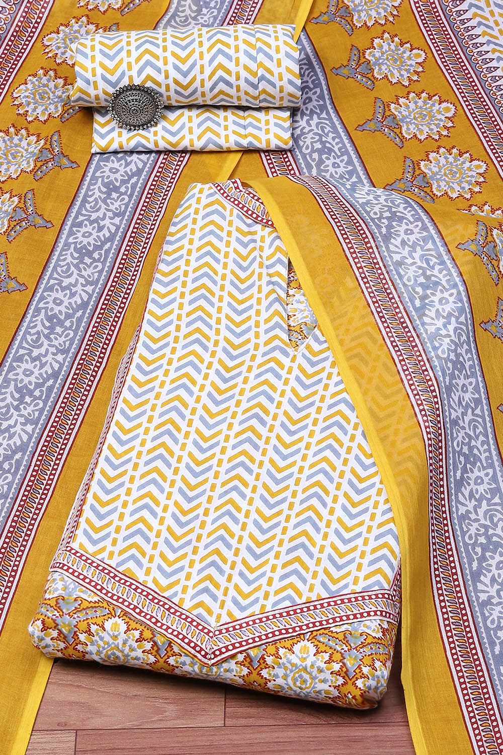 Blue Cotton Screen Printed Unstitched Suit Set image number 0