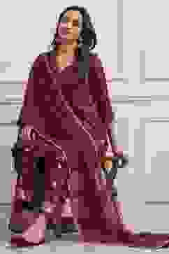 Green-Maroon Viscose Gathered Yarndyed Suit Set image number 0