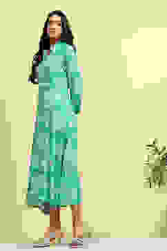 Cyan Blue Floral Printed Shirt Style A-line Dress image number 2