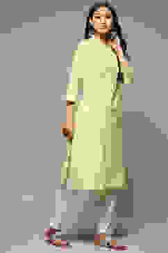 Green Cotton Blend Straight Yarndyed Kurta image number 4