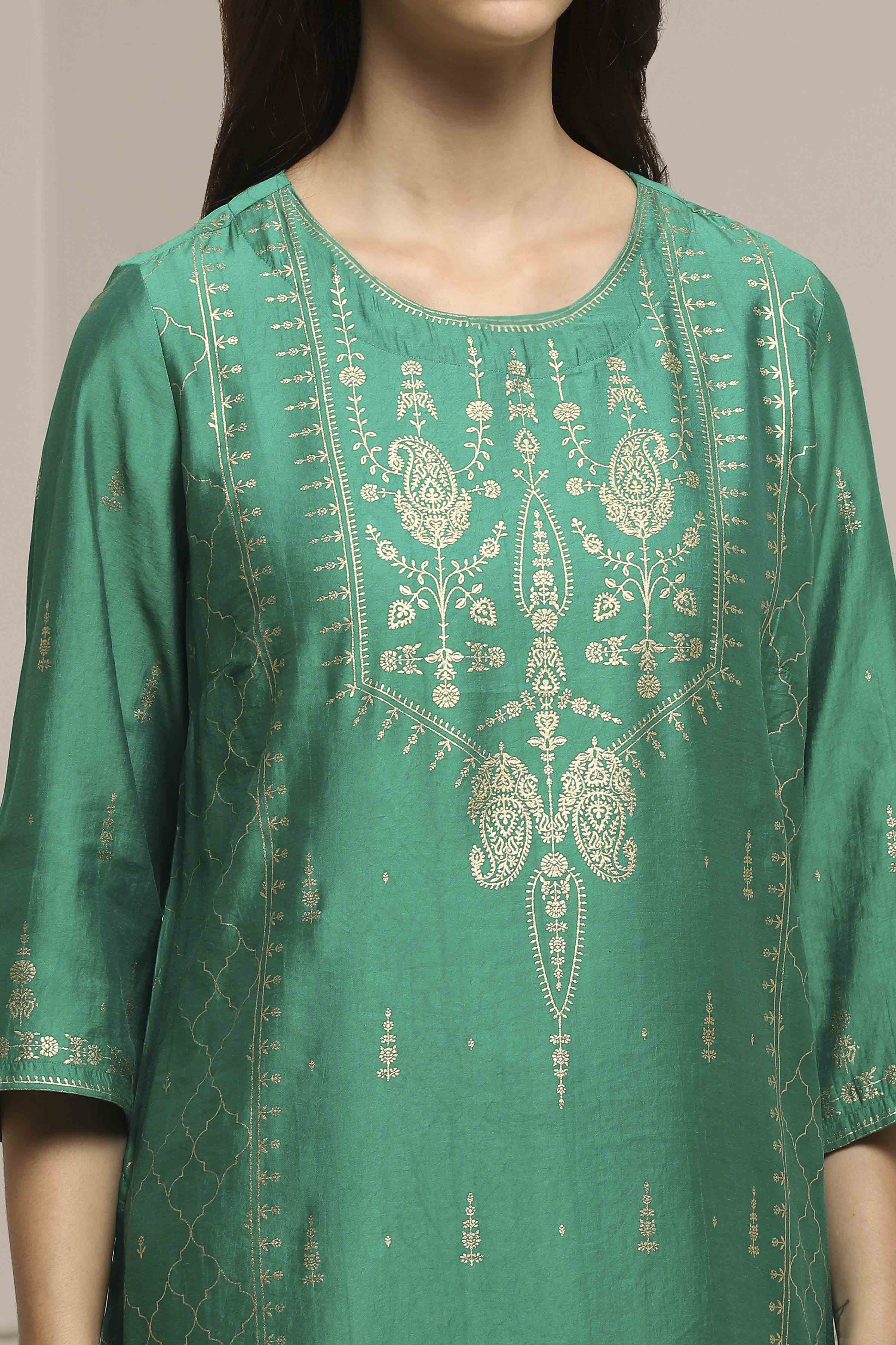 Green Art Silk Printed Straight Kurta image number 1