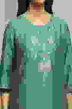 Green Art Silk Printed Straight Kurta image number 1