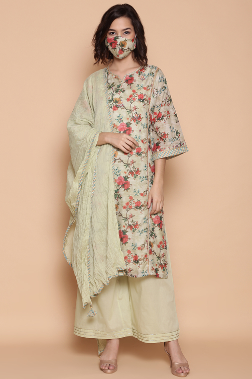 Light Green Cotton Floral Straight Suit Set image number 0