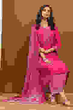 Fuchsia Modal Embroidered Festive Kalidar Suit Set image number 0