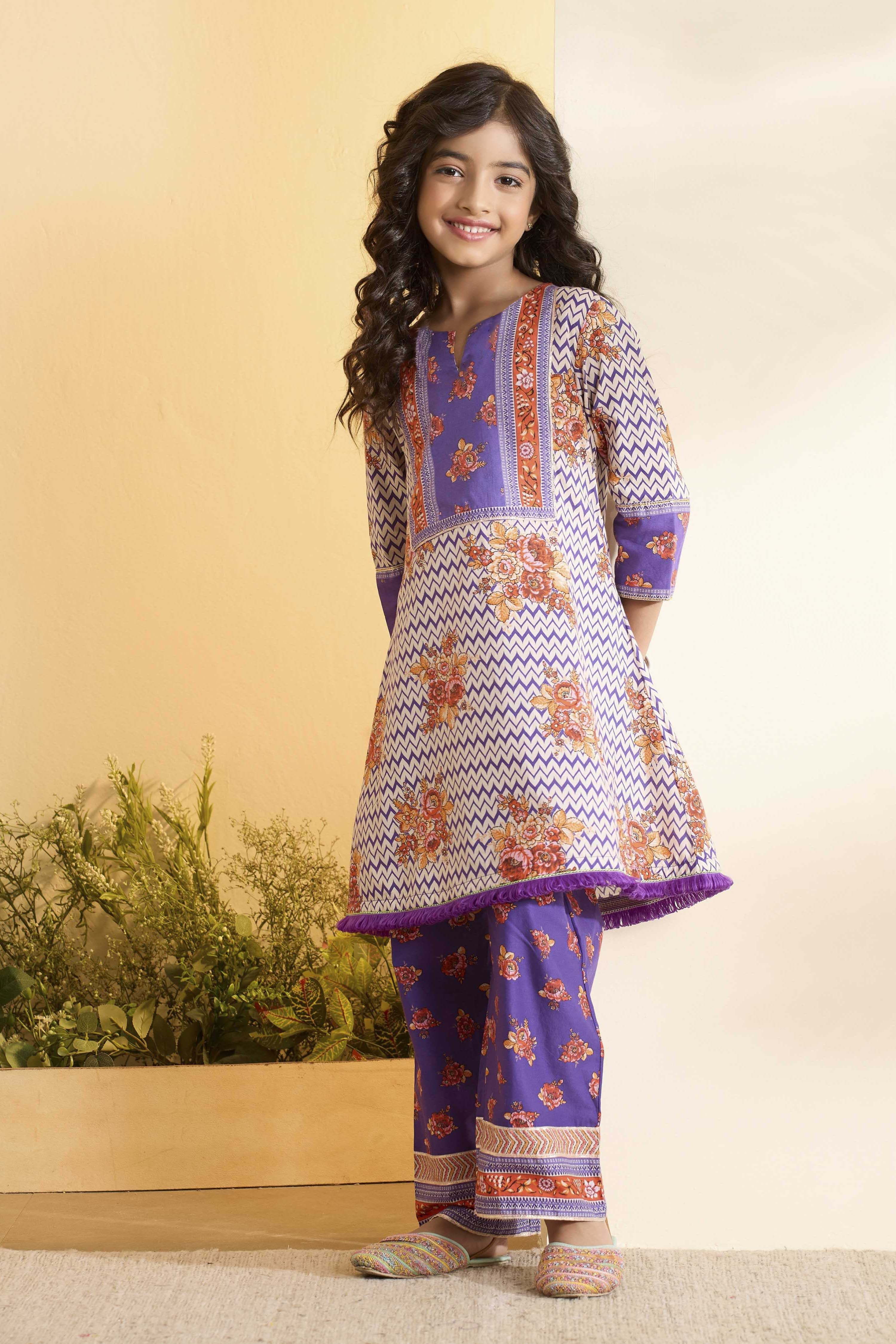 Purple Cotton Printed A-Line Kurta Set image number 3