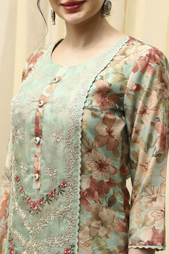 Teal Muslin Digital Print Unstitched Suit Set image number 2