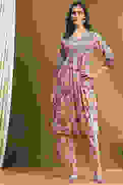 Beige Cotton Floral Printed Gathered A-Line Kurta Set image number 0