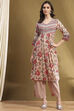 Beige Cotton Floral Printed Gathered A-Line Kurta Set image number 0