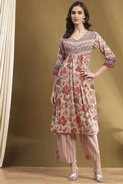 Beige Cotton Floral Printed Gathered A-Line Kurta Set image number 0