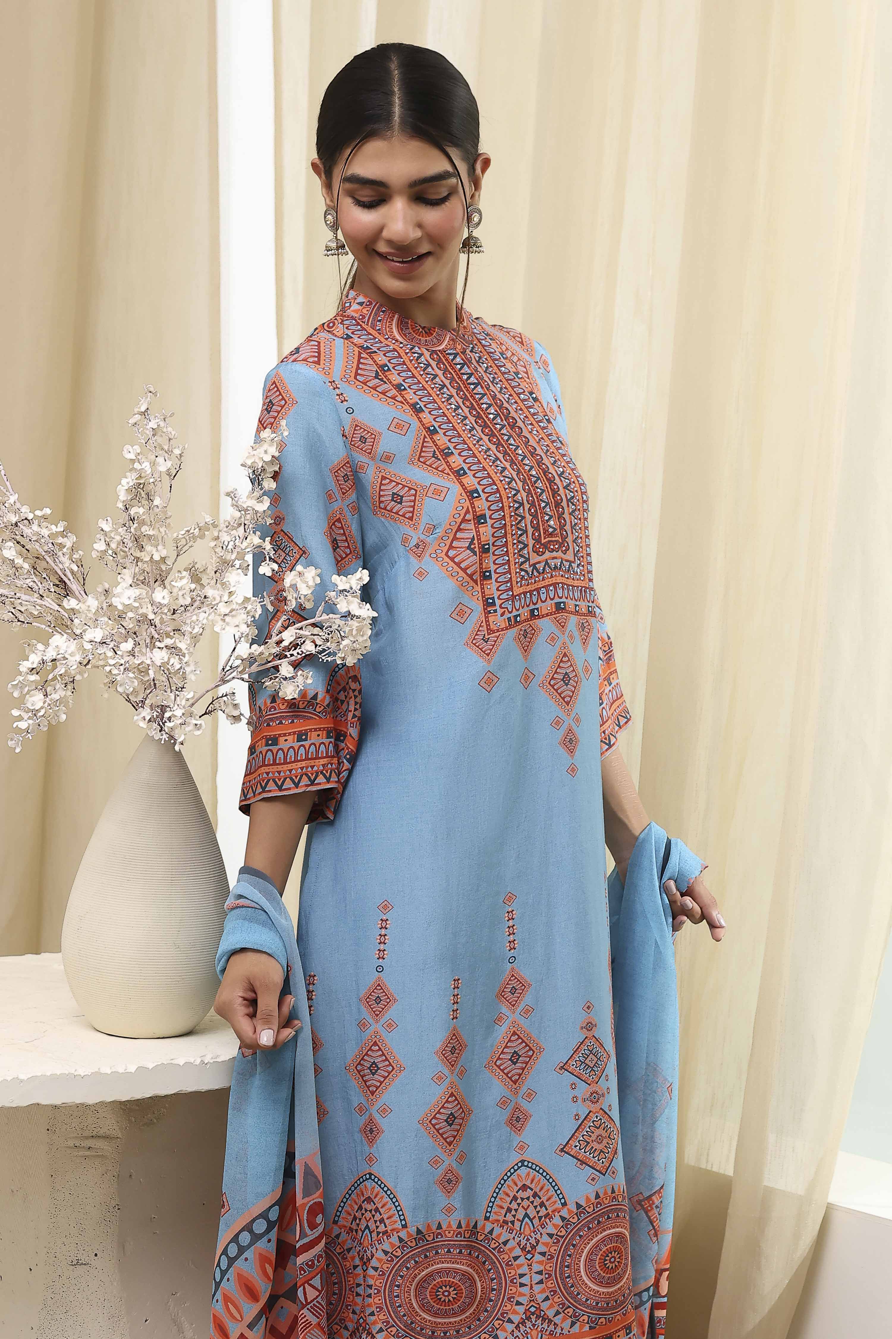 Dull Blue Printed Straight Suit Set image number 7