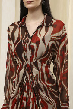 Brown Printed Gathered Tulip Dress image number 1