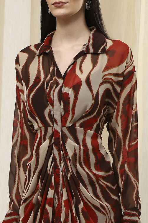 Brown Printed Gathered Tulip Dress image number 1