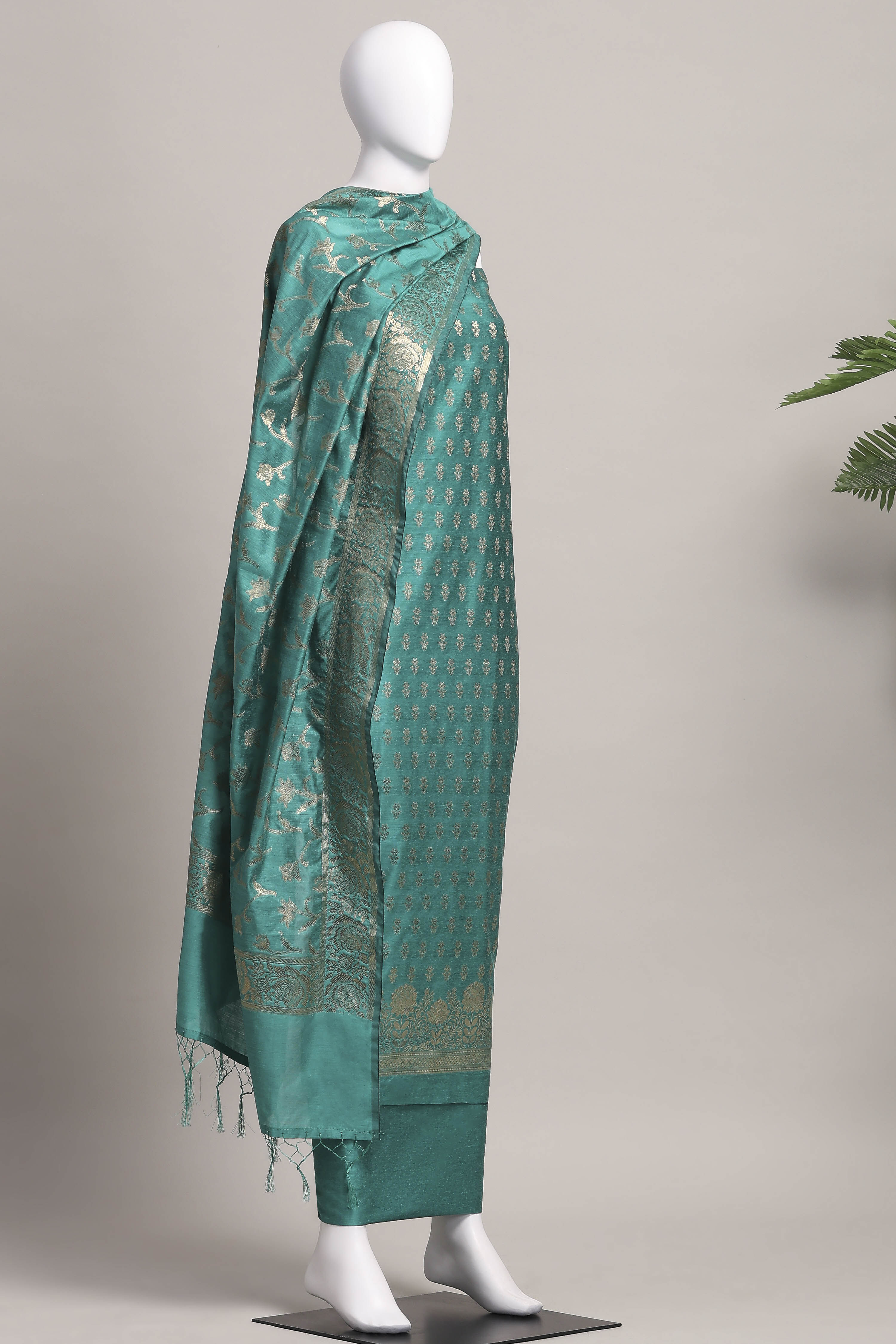 Yellow Banarasi Chanderi Banarasi Print Unstitched Suit Set image number 4