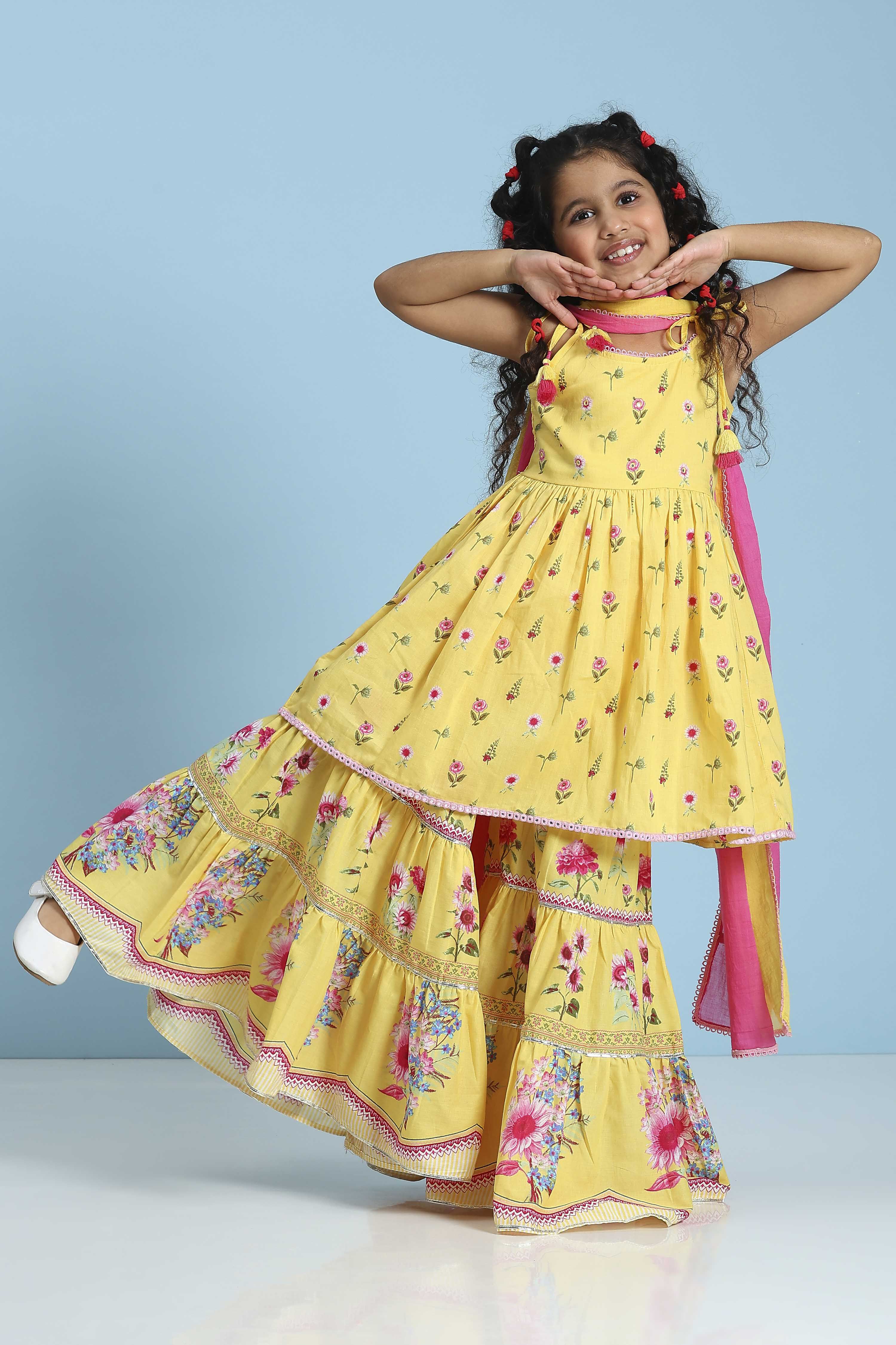 Yellow Cotton Printed Peplum Suit Set image number 0