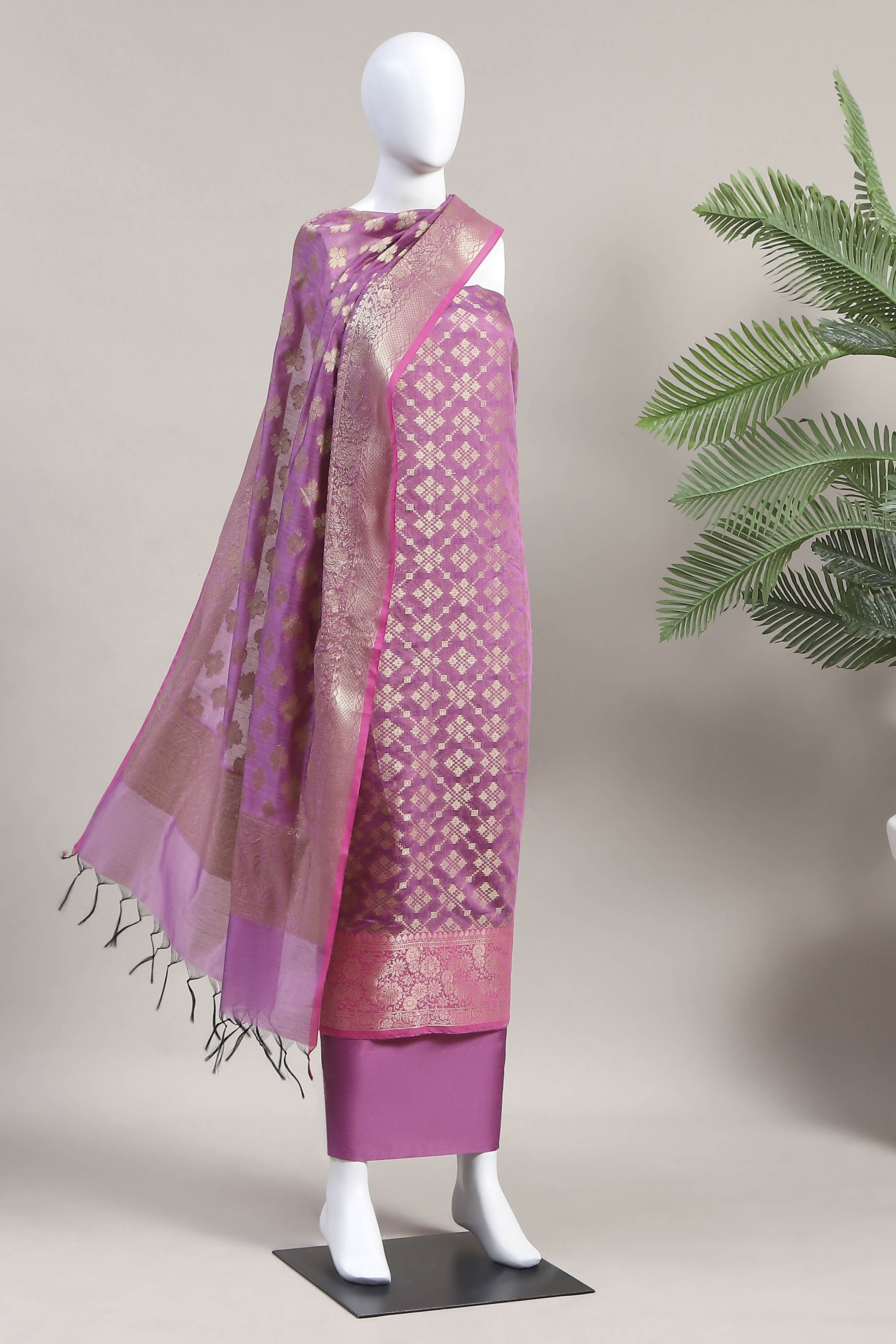 Purple Cotton Printed Embroidered Unstitched Suit Set image number 4