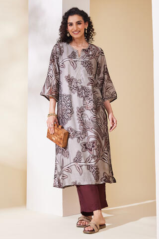BIBA Viscose Polyester Printed Straight Semi Formal Kurta Set in Brown