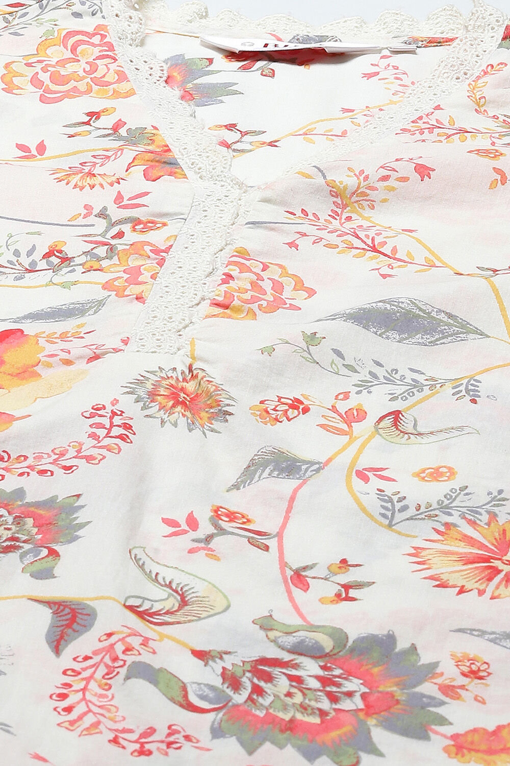 Off-White Cotton Floral Straight Kurta image number 1