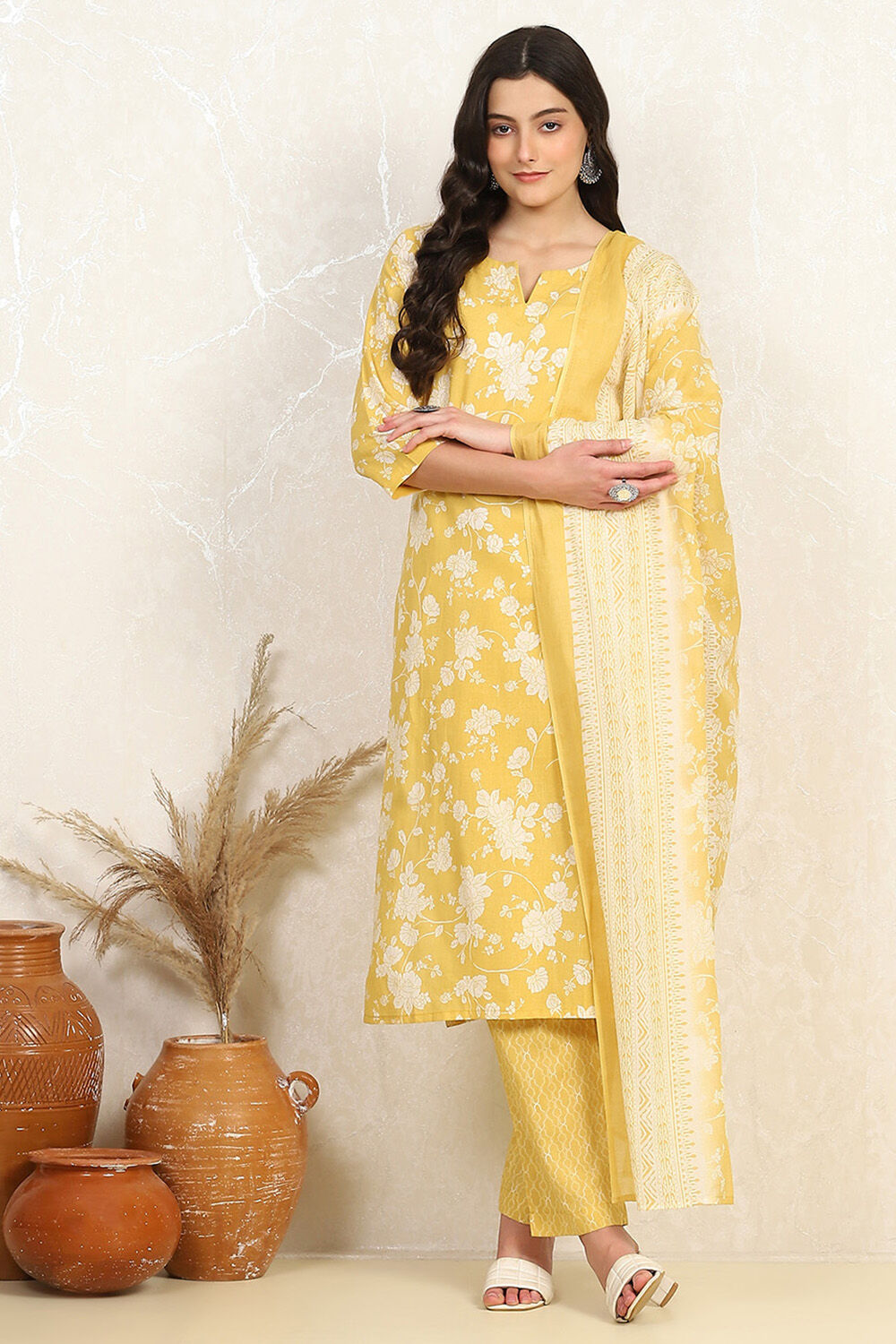 Mustard Yellow Cotton Screen Print Unstitched Suit Set image number 7