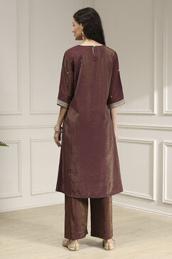 Wine Viscose Rayon Straight Solid Suit Set image number 4