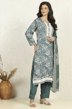 Teal Green Cotton Floral Printed Unstitched Suit Set image number 6