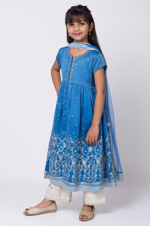Blue Poly Cotton Front Open Straight Kurta Palazzo Suit Set image number 3