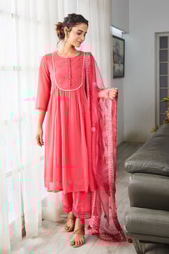 Pink Embroidered Gathered Kurta & Palazzo Suit Set image number 0
