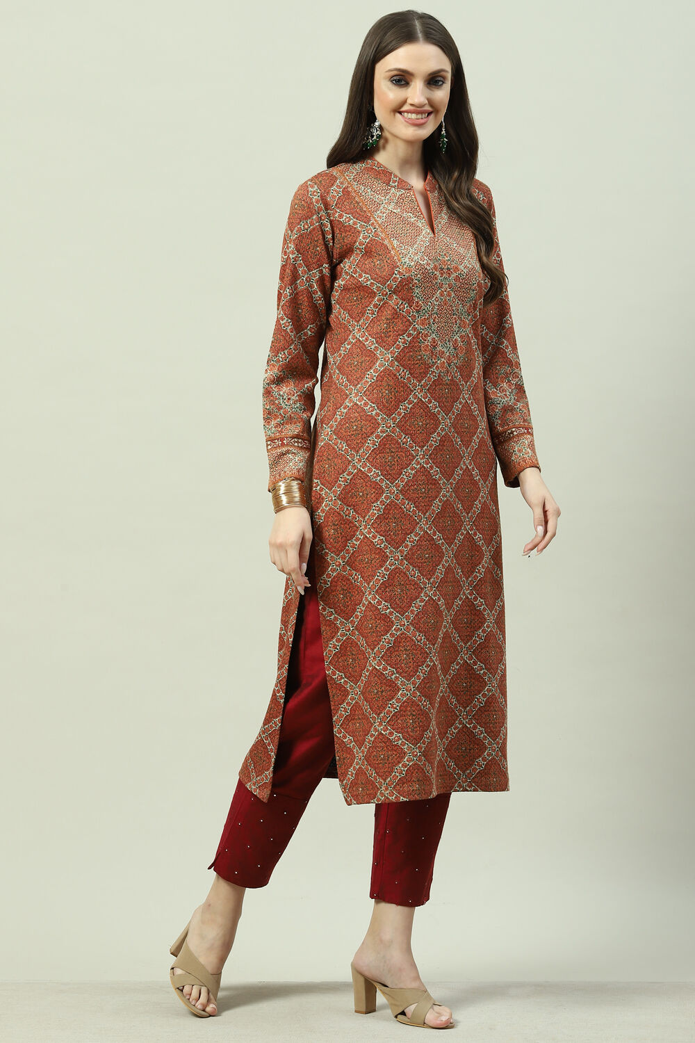 Orange Acrylic Straight Printed Kurta image number 3