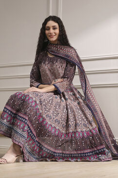 Mud Brown Cotton Printed Anarkali Suit Set image number 0