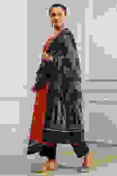 Orange Cotton Handloom Unstitched Suit Set image number 4