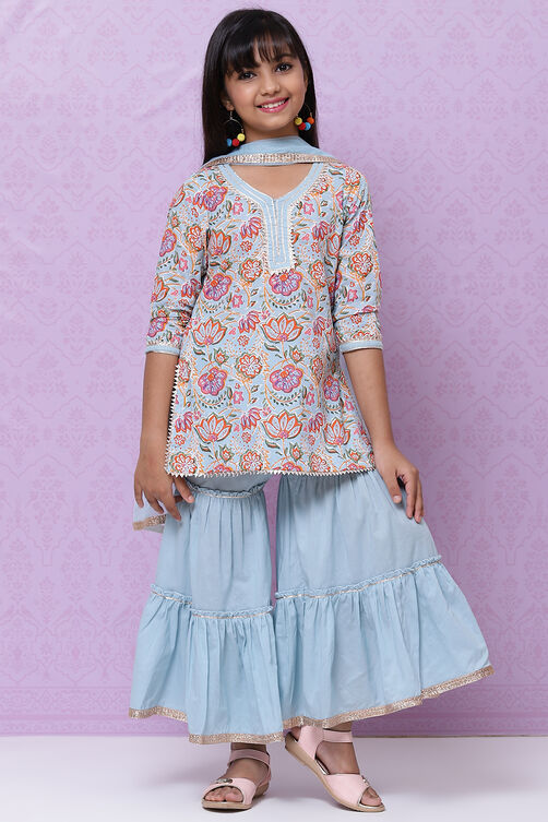 Powder Blue Cotton Girls Sharara Kurta Sharara Suit Set image number 4