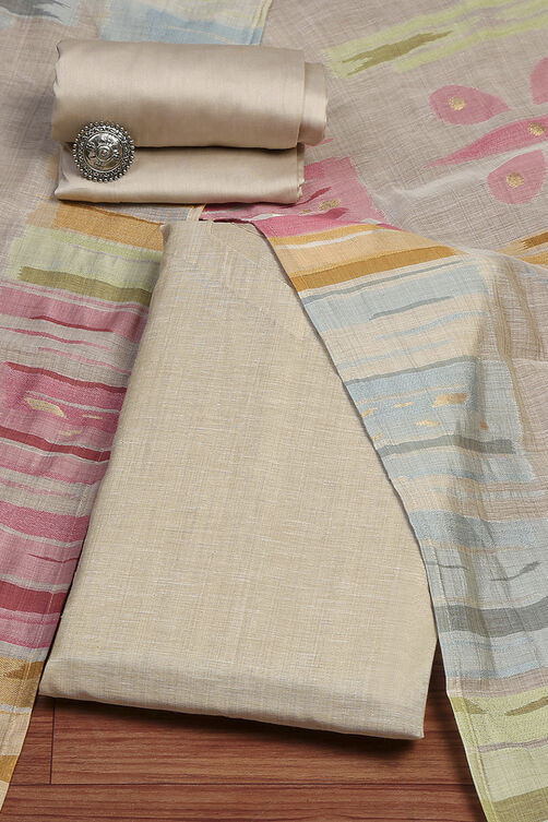 Beige Chanderi Embroidered Unstitched Suit Set image number 0