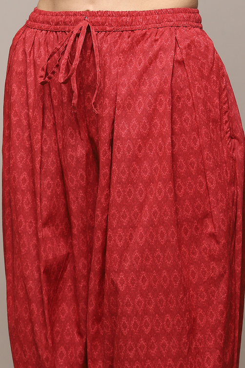Maroon Cotton Printed Gathered Flared Suit Set image number 2