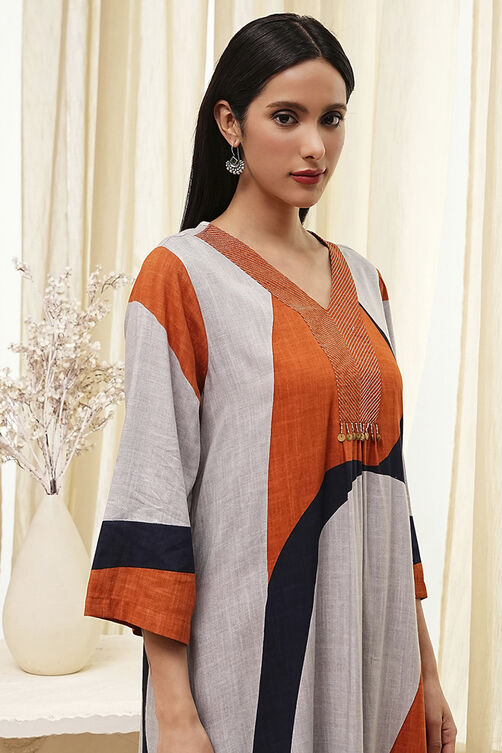 Orange-Beige Viscose Rayon Straight Printed Fusion Set image number 1