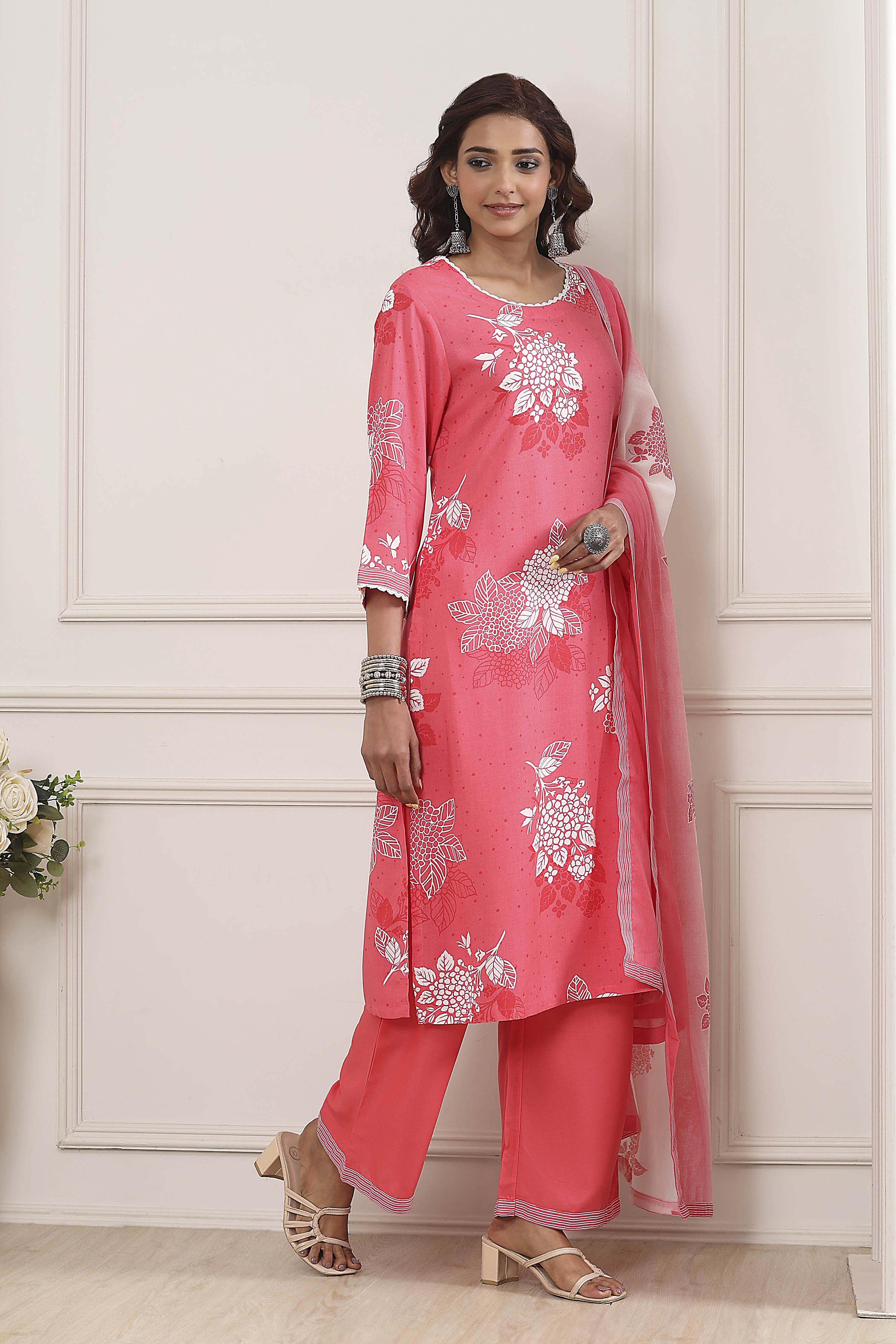 Coral Floral Printed Straight Suit Set image number 5