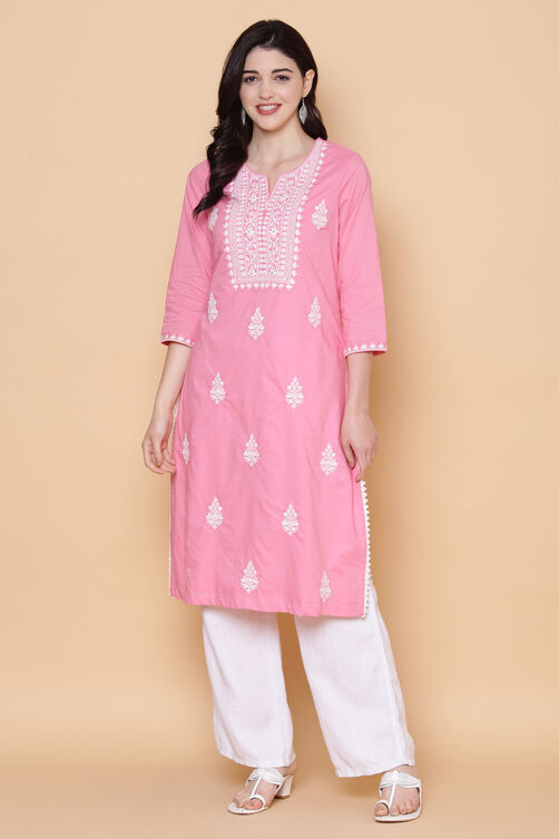 Pink Cotton Chikankari Embroidered Kurta image number 0