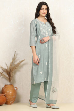 Teal Cotton Unstitched Suit Set image number 6