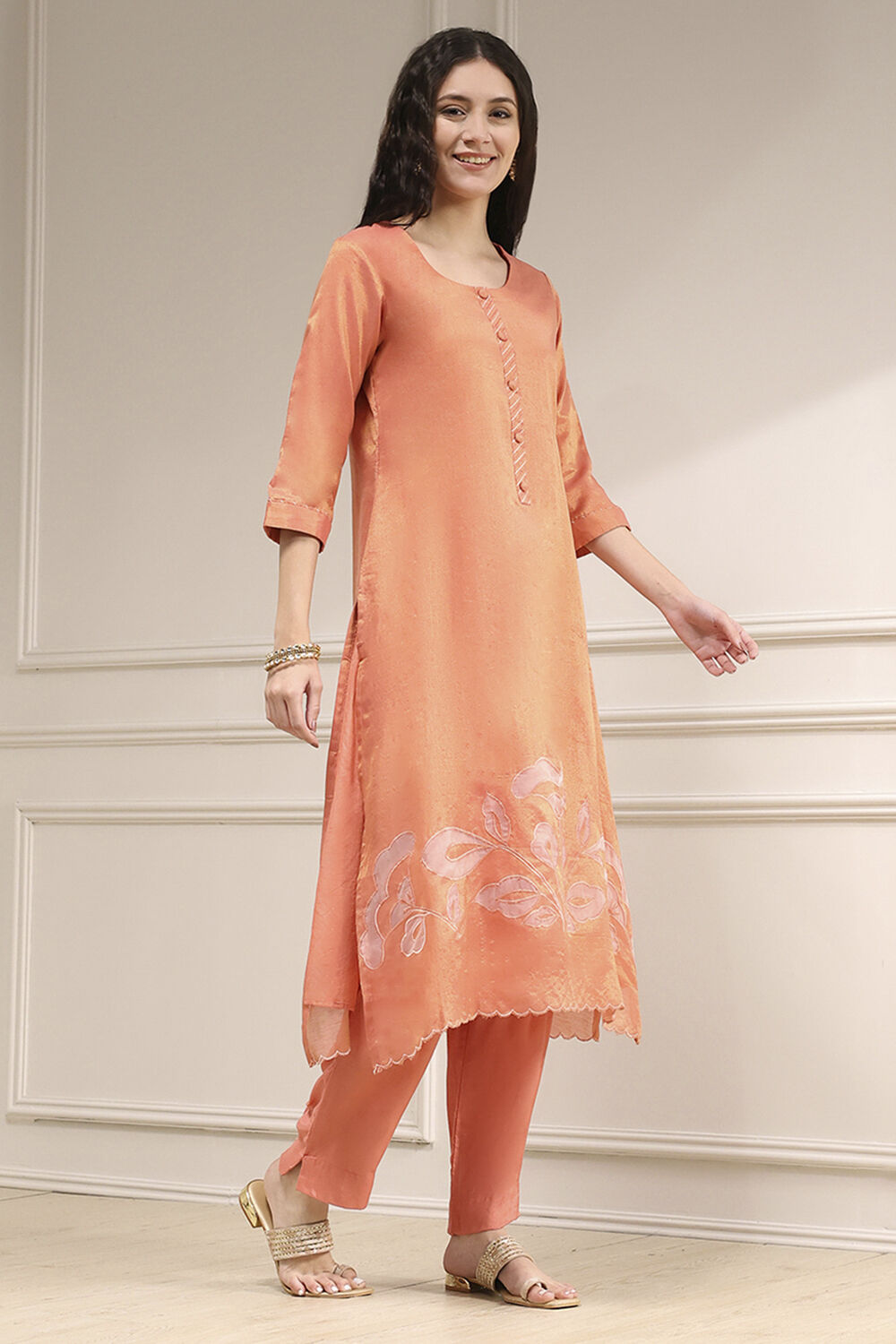 Orange Tissue Applique Unstitched Suit Set image number 6